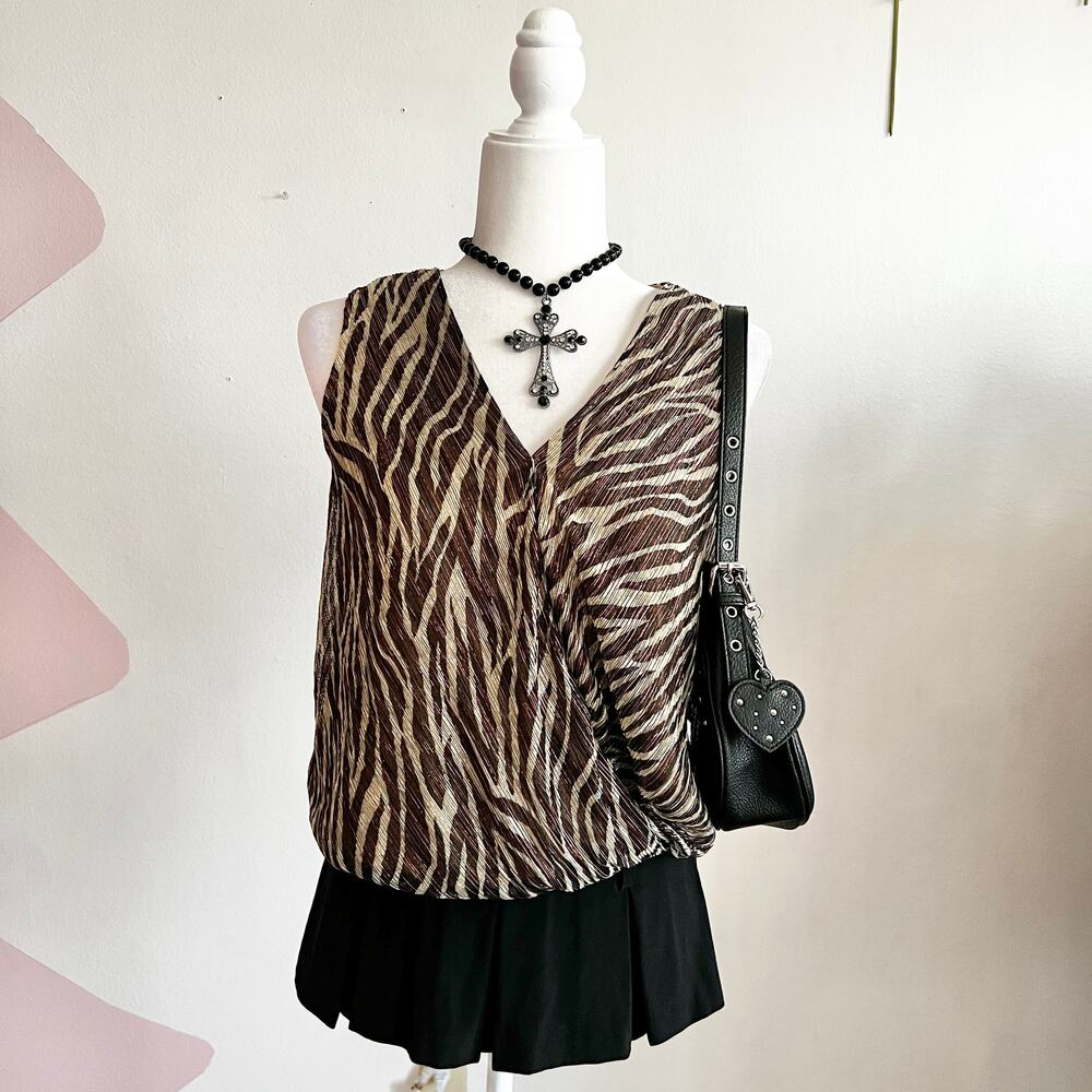 Y2K Brown Zebra Print Wrap Tank Top, Animal‎ Print, 2000s, XS, Vintage Inspired